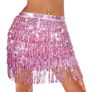 Monbessi Glitzer Rock Damen Pailletten Rock Stilvoll GlitzerRock Karneval FransenRock (Rosa) - Einheitsgröße