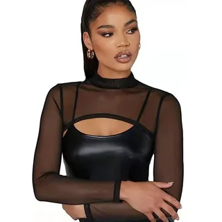 SamHeng Mesh Crop Tops für Damen, schwarzes, langärmliges Crop-Top mit Stehkragen, sexy, durchsichtiges Shirt-Top, schmale Passform, Mesh-Top für Schwimmen, Strand, Club, Yoga, Sport - M