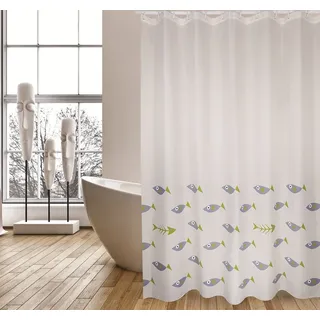 MSV Duschvorhang Cotexsa CONTRA CORRIENTE Breite 180 cm, Premium Textil-Duschvorhang, Made in Spain, 100% Polyester, wasserundurchlässig, Anti-Schimmel-Effekt, Anti-Bakteriell beschichtet, waschbar 30°, 180 x 200 cm, Motiv Fische weiß