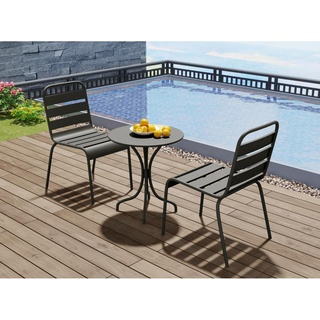 Garten-Essgruppe: Tisch D. 60 cm + 2 stapelbare Stühle - Metall - Dunkelgrau - MIRMANDE von MYLIA