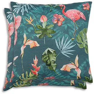 Zierkissenset, Blau, Grün, Rosa, Textil, 2-teilig, Flamingo, Füllung: Polyester, Hohlfaser, quadratisch, 48x48 cm, pflegeleicht, hochwertige Qualität, langlebig, für den Außenbereich geeignet, Wohntextilien, Kissen, Dekokissen