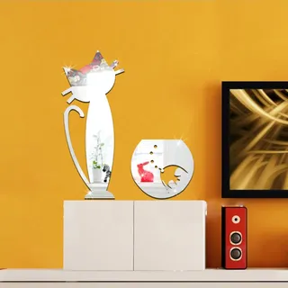 Spiegelfliesen Selbstklebend Katze Silberfisch Spiegelfliesen Acrylic Klebespiegel DIY Dekorieren Spiegel Selbstklebend Wandtattoo Wohnzimmer Schlafzimmer Badezimmer 1 Set