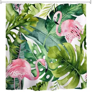 A.Monamour Duschvorhang Aquarell Exotische Tropische Blätter Bananenpalme Blätter Rosa Flamingo Vogel Print Wasserdichtem Polyester Duschvorhang Für Badezimmer Badewanne Zubehör 180X180 cm / 72X72