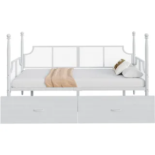 OKWISH Vintage Schlafsofa 90x200 cm mit Eisenrahmen, Schubladen, Netzrückenlehne, Multifunktional als Sofa & Bett, robust, Weiß