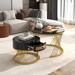 Merax Couchtisch 2er Set, Rund Wohnzimmertisch mit Marmor Furnier, Coffee Table aus Holz mit Schublade, Metallgestell, Schwarz und Gold