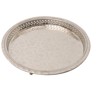 Casa Moro Tablett Marokkanisches Serviertablett Mernissi Silber Ø 23 cm rund mit 3 Füßen, Messing, (versilbertes Messing-Tablett Ramadan Dekotablett Dekoration, TA6039), Handmade silberfarben