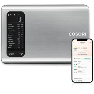 Cosori Küchenwaage digital mit Nährwertberechnung, Ernährungswaage App verfolgt 19 Nährstoffe, Kaloriendatenanalyse, 5kg Edelstahl-Lebensmittelwaage, geeignet für Gewichtsverlust, Datenbank nur für DE
