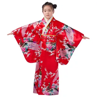 XueXian(TM) Mädchen Kimono mit Obi-Gürtel Robe Yukata Blumen Pfau Muster Japanisch Morgenmantel(Höhe:130-140 cm/Rot) - Höhe:130 - 140 cm