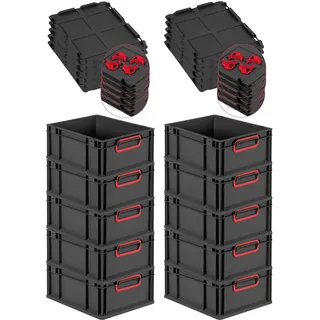 PROREGAL SuperSparSet 10x Eurobox NextGen Color mit Auflagedeckel & Schiebeschnappverschlüsse, HxBxT 17x30x40cm, 16L, Schwarz, Griffe rot geschlossen, Eurobehälter, Transportbox, Transportbehälter