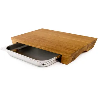 cleenbo® Schneidebrett mit Auffangschale "Style Oak" Profi Holz Küchenbrett aus geölter Eiche, Großes Schneidbrett mit Auffangbehälter, Holzschneidebrett mit Edelstahl Behälter
