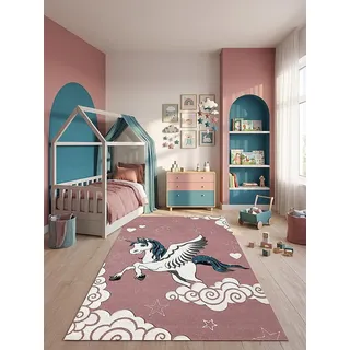 Kinderteppich Kurzflor Einhorn Pegasus mit Sternen Polypropylen Pink 80x150 cm Kinderzimmer Spielzimmer Kids IDRO | Kadima Design - Rosa