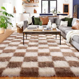 Teppich Kariert Wohnzimmer 150x210cm, Waschbarer Teppiche Schlafzimmer Braun Weiß, Flauschig Hochflor Antirutsch Checkered Rug, Modern Schachbrett Groß Carpet für Living Room Fußteilpolster