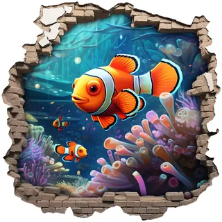 Wandtattoo Wandriss mit Clownfisch Fenster in andere Welt Portal Schiffsfenster Kinderzimmer Wandaufkleber (50x50cm Clownfisch)