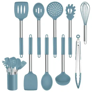Homikit Küchenhelfer Set, 10 Stück Silikon Küchenutensilien Kochbesteck Set, Antihaft Hitzebeständiger Kochutensilien Set mit Edelstahlgriff, Gesund, Spülmaschinenfest - Blau