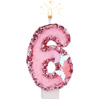 SAVITA 7cm Geburtstag Nummer Kerzen, Glitzernde Zahlenkerze Rosa Zahlenkerzen Kuchenaufsatz Schmetterlings-Geburtstagskerzen mit Pailletten für Jubiläumsfeiern (Nummer 6), I04001-10