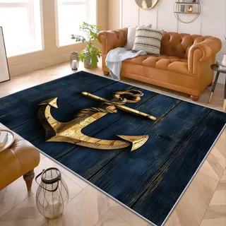 Teppich Maritim Blau - Teppich Wohnzimmer Schlafzimmer Ankermotiv, Kleiner Teppich Maritim Nautische, Weich Kurzflor & Waschbar & rutschfest Fussmatte Innen, Kinderteppich 80x150 cm