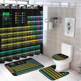 Duschvorhang-Set mit Periodensystem der Elemente, modernes buntes Wissenschaftstechnologie, Liebes-Design, Badezimmer-Dekor mit Teppichen, inklusive rutschfestem WC-Deckelbezug, Badezimmer, Schwarz,
