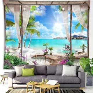 Bunthaus Tapisserie-dekor, Strand, Meer, Tropische Insel, Palme, Malerische Aussicht Vom Balkon, Sommer, Tropische Landschaft, Wandbehang, Wandteppich Für Schlafzimmer, Wohnzimmer, Wohnheim. 150 X 130