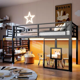 BTM Jugendbett 90 x 200 cm Metall Hochbett mit Schreibtisch, LED-Beleuchtung, Kinderbett mit Treppe, Einzelbett mit Stauraum, Schwarz