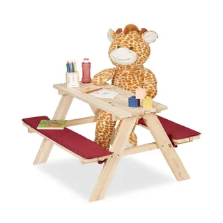 Relaxdays Kindersitzgruppe aus Holz, mit Auflagen, Kindersitzgarnitur, natur/rot - Hellbraun,