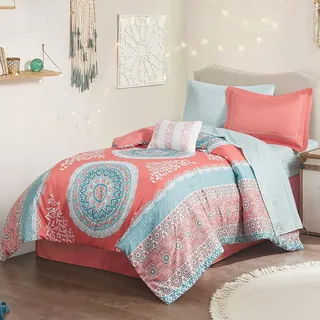 Intelligent Design Komplettes Bett in Einer Tasche Casual Boho Schmusetuch mit Bettlaken dekoratives Kissen Ganzjahres-Bettwäsche-Set, Polyester, Loretta Coral, Twin