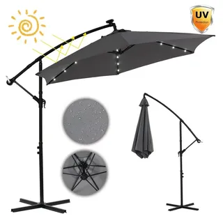 Feel2Home Sonnenschirm Sonnenschirm Kurbelschirm Ø350 Ampelschirm LED Balkon grau u. beige, LxB: 350,00x300 cm, Kein Set, Premium-Sonnenschirm, LED-Beleuchtung grau