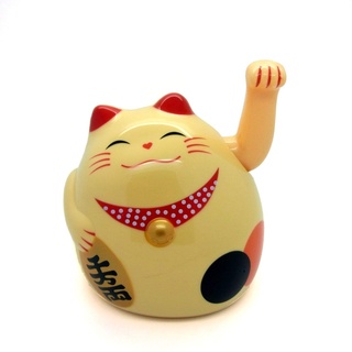 Starlet24® Winkende Glückskatze Winkekatze Lucky Cat Maneki-Neko Winkende Japanische Maneki-Neko batteriebetrieben (Beige, 14cm)