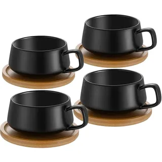 4er Set Cappuccino Tassen mit Unterteller, 300 ml Kaffeetassen, Espressotassen aus Steingut für Tee Kaffee Cappuccino, Kaffeebecher mit Holzscheibe, Schwarz