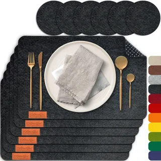 MAHEWA® 6er Set Premium Tischset Platzset aus Filz rutschfest Ab-waschbar und Waschmaschinenfest Eckige Platzdeckchen (Anthrazit/Braun, 6er Set)