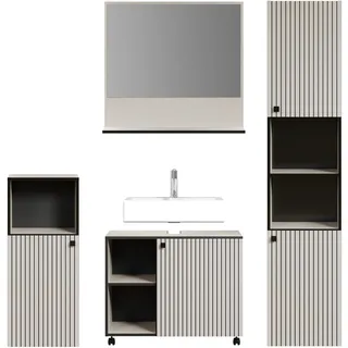 trendteam smart living PureBliss Badezimmer Komplettset (WBU, Spiegel 60cm, Standschrank, Hochschrank) Hellgrau/Kashmir Rillenoptik 180 x 186 x 42 cm Metallgriffe