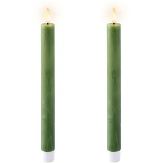 Lumineo LED Kerzen mit Timerfunktion 24cm Wachs - 2er Set Echtwachskerzen batteriebetrieben - flackernde Flamme Effekt - Wachskerzen Stabkerzen Rustik Dunkelgrün Warmweiß