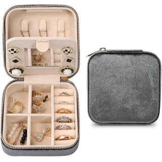 Dajasan Reise Schmuckkästchen, Klein Schmuckaufbewahrung, Schmuckschatulle für Damen, Samt Schmuck Organizer, Schmuck Geschenk Box für Frauen, Mädchen, Mutter, Oma (Grau)