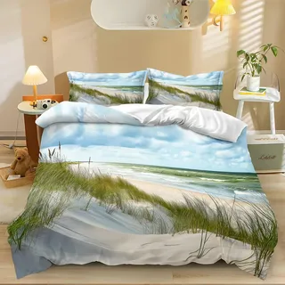 Generisch Natur Strand Dünen 3D Bettbezug 135x200cm Bettwäsche Set 3 Teilig mit Reißverschluss Weiche Angenehme Microfaser Bettbezug Kinder Bettwäsche mit 2 Kissenbezug 80x80cm