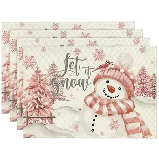 Asyduey 4 Stück Weihnachtsbäume, Schnee, Rosa, Weihnachts-Tischsets, Winter-Tischsets für Küche, Esszimmer, Dekoration B