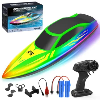 WUQNGI Ferngesteuertes Boot mit 2 Batterien, RC Speedboot für Kinder & Erwachsene, High Speed Motorboot ab 6 Jahre, Wasserboot mit LED-Licht, 2,4 GHz Rennboot Spielzeug Geschenk für Pool Meer Seen