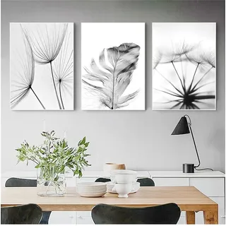 Sarah Duke 3er Poster Set, Aesthetic Blume Schwarz Weiß Feder Löwenzahn Bilder, Ohne Rahmen Leinwand Kunstposter, Bilder Wohnzimmer Schlafzimmer Wanddeko (40x50cm)