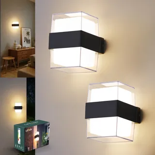 LetGlin LED Wandleuchte Innen 12W 1200LM, IP65 Wandlampe Aussenlampe Wand Aussen, 3000K Up and Down Leuchte Außenwandleuchte, LED Lampe für Hauswand Badezimmer Flur Balkon, Aluminium, Schwarz 2 Stück