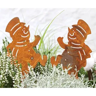 LB H&F Lilienburg Gartenfigur 2er SET Weihnachtsdeko Winter Schneemann Garten Gartenstecker, (Gartendeko Dekofigur Beetstecker Roststecker Metall Rost Herbst Winter outdoor draußen Dekostecker 2er SCHNEEMANN), Dekostecker Metall Rostig draußen Gartendeko Weihnachten braun