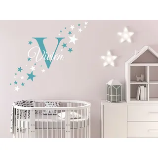 Skins4u Wandtattoo Kinderzimmer Wunsch Namen Sterne Punkte Set Punkte Türschild Baby Mädchen Junge personalisiert Wunschname Babyzimmer selbst gestalten individuell (Mit Großbuchstaben)