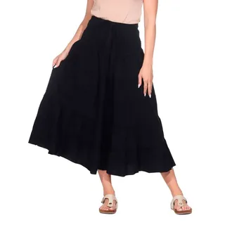 KUNST UND MAGIE Stufenrock Sommerrock Damen Rock Baumwolle – Boho Maxirock mit elastischer Taille schwarz
