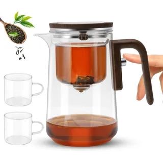 Magic Glas Teekanne Set, Geteilte Teekanne mit Teetassen, Teekanne mit Wasserfüller und Sieb, Gepresste Magische Glas Teekanne für Wellness und Nachmittagstee (800ml mit Teetassen)