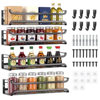 4 Stück Gewürzregal Wand Ohne Bohren, Platzsparender Gewürzorganizer für Gewürzgläser und Würzmittel, Gewürzregal Hängend mit Kleben und Schrauben für Küchen Wand & Schranktür, 29*7*7cm