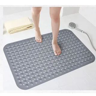 Bathsafe Extra breite 88 x 58 cm rutschfeste weiche Badematte, rutschfeste TPR-Duschmatte mit starken Saugnäpfen, rutschfeste Matten für Badezimmer, antibakterielle Sicherheits-Badewannenmatte, grau