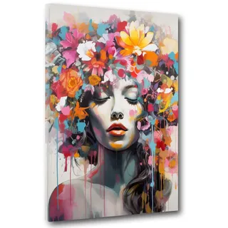 Frau wunderschön Flower Pop Art Leinwandbild Wandbild Kunstdruck XL abstrakt Größe 75x100x2cm