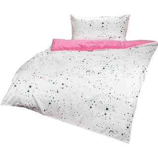 Lorenchen/Lorena Mako-Satin Kinderbettwäsche Sternenhimmel in rosa oder blau mit Nachthimmel-Motiv für Mädchen und Jungen 100% Baumwolle (135 x 200 cm + 80 x 80 cm, Rosa)