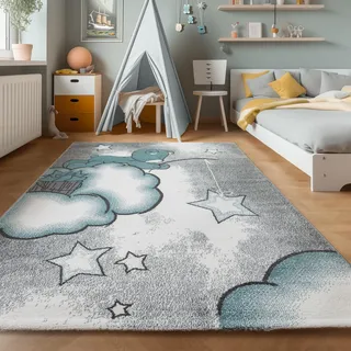 SIMPEX Teppich Kinderzimmer Bär-Himmel Wolken Sterne Design Kurzflor Kinderteppich mädchen Spielteppich Modern Design Babyzimmer Teppiche für Junge und Mädchen Extra Weich 80 x 150 cm