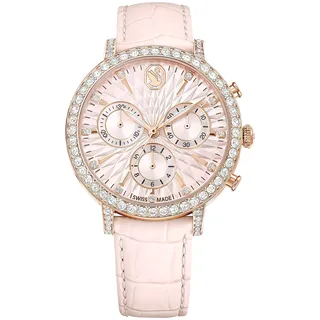 Swarovski Matrix Tennis Chrono Uhr, Rosa, Analoge Armbanduhr mit Lederarmband, Roségoldfarbenem Finish und Klaren Kristallen, Armbandlänge: 13.5-18 cm, Armbandbreite 1.4 cm