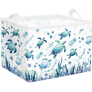 HUUMONSS Meeresbewohner Groß Wäschekorb Ozean Stoff Aufbewahrungskorb Kleidung Spielzeug Aufbewahrungsbox für den Heimgebrauch/den Außenbereich, Blaue Schildkröten, 36L