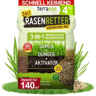 Terrauno - "Rasenretter" Vertikutiermix I 4 kg für 140 m2 I Rasendünger, Rasensamen & Bodenaktivator I 3in1 Rasenreparaturmischung I Rasendünger Frühjahr mit Grassamen gegen kahle Stellen I Nachsaat