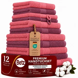 Betz Premium Handtuch-Set 12-teilig – 100% Baumwolle – Oeko-TEX® Zertifiziert – hohe Grammatur – Duschtücher, Handtücher, Gästetücher & Waschhandschuhe Farbe Himbeere/Beere